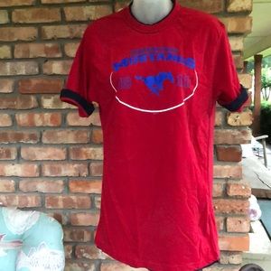 SMU Mustangs shortsleeved t-shirt Red w/ blue trim. Mustang pride.